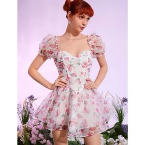 Floral Print Puff Sleeve Bustier Organza Dress